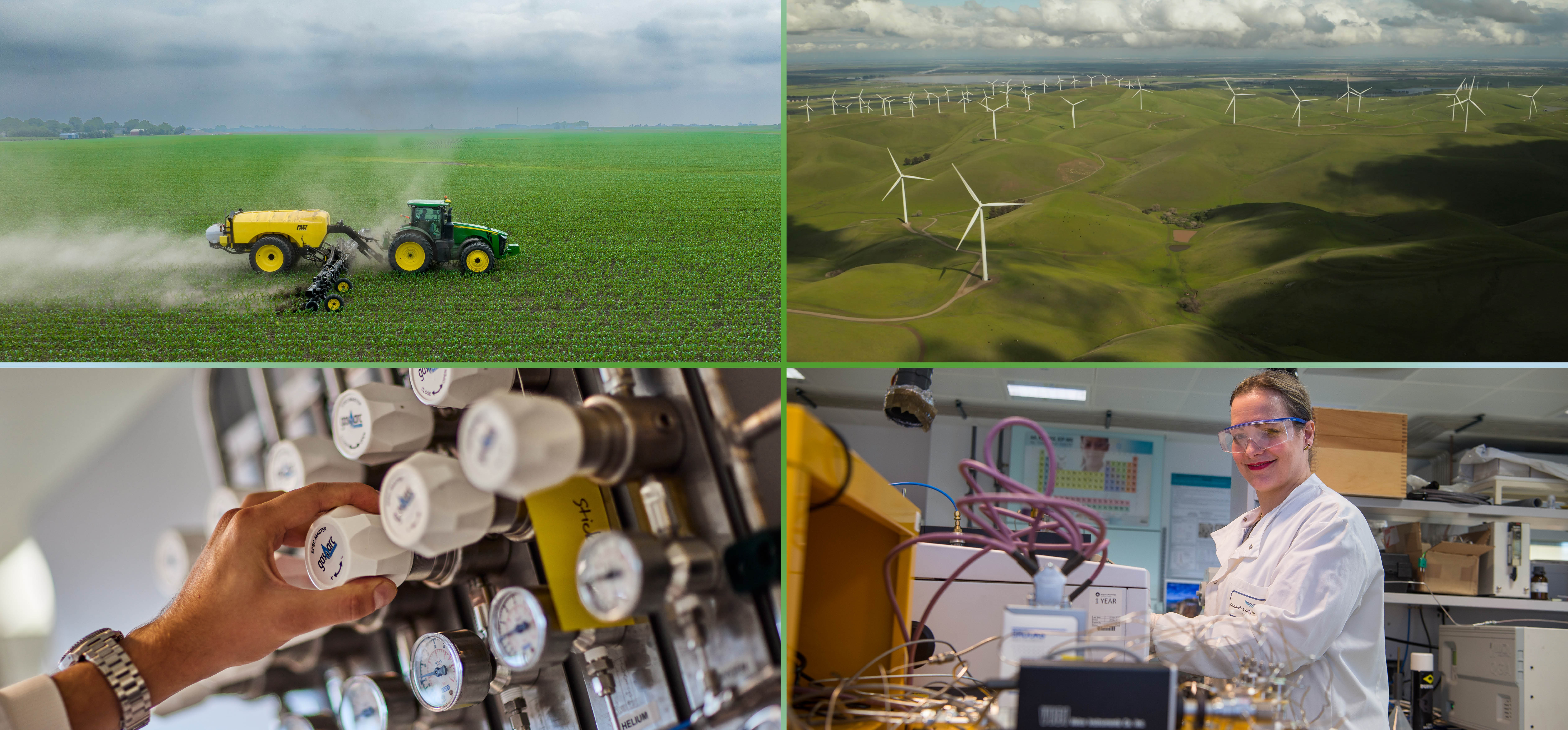 photos of tractor, wind turbines and researcher in lab representing Phase III themes